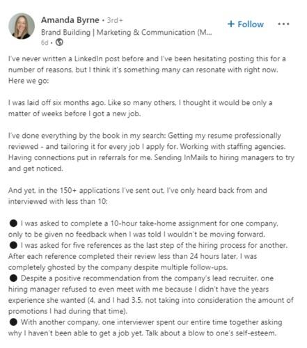 In this image, Amanda Byrne shares her experience looking for a new role with her LinkedIn followers.